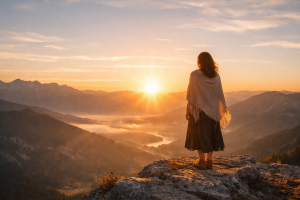Žena stoji na stijeni i promatra izlazak sunca — simbol početka novog poglavlja i povratka sebi.